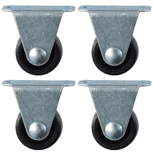 SHUATI 4Pcs Rubber Caster Wheels, 1'' Fixed Castors, Black Trolley Wheels, Small Furniture Casters Set with Rigid Non-Swivel Base for Workbench