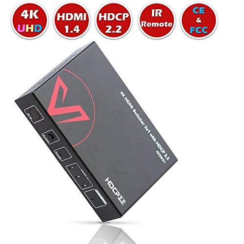 HDMI Switch 3X1 with IR Control,4K60Hz,HDCP 2.2 HDMI 1.4,Dolby Atmos & DTS:X, 3 Port hdmi switcher,No Need Extra Power Adapter