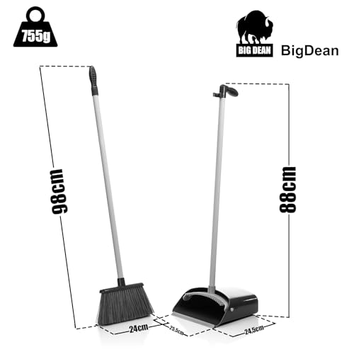Image of BigDean Dustpan Set with Broom in Grey | For effective floor cleaning - broom with handle rotates 90 degrees