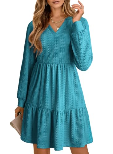 Image of Dokotoo Fall Dresses for Women 2025 Long Sleeve V Neck Textured Casual Elegant Tiered Ruffle A-Line Swing Mini Babydoll Dress Flowy Solid Color Wedding Guest Party Short Cute Dresses Blue Medium
