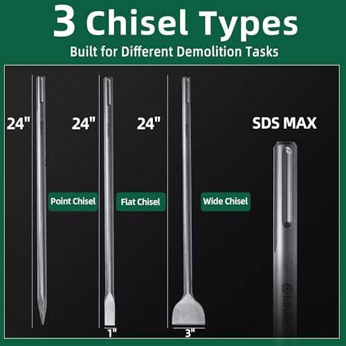 Image of 24-inch SDS Max 3pc Set - 3'' Scaling Chisels, 1'' Flat Chisel and Point Chisel - Masonry Concrete Drill Bit Set 40Cr Steel SDS Max Bits Rotary Hammer Drill for Tiles Brick Stone Concrete