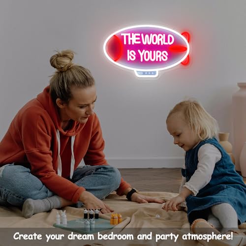 Image of The World Is Yours Neon Sign Blimp Neon Light for Wall Decor Dimmable Airship Led Light Up Signs for Bedroom Game Room Man Cave Boys Teens Room Bar Birthday Party Wedding Valentines Day