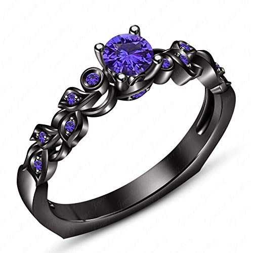 14k Black Gold Finish 925 Silver Solitaire with Accents Ring with Purple Amethyst