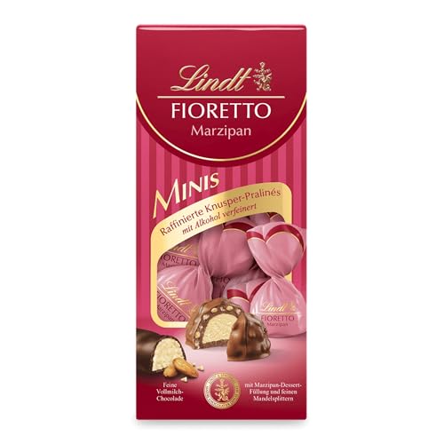 Lindt Schokolade - FIORETTO Minis Marzipan | 115 g | Ca. 10 Pralinen Marzipan-Dessert-Füllung und Mandelsplittern umhüllt von knusprigem Crisp alkoholhaltig | Pralinengeschenk | Schokoladengeschenk