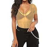 Allchic - Blusa de manga corta para mujer con malla transparente - - Large