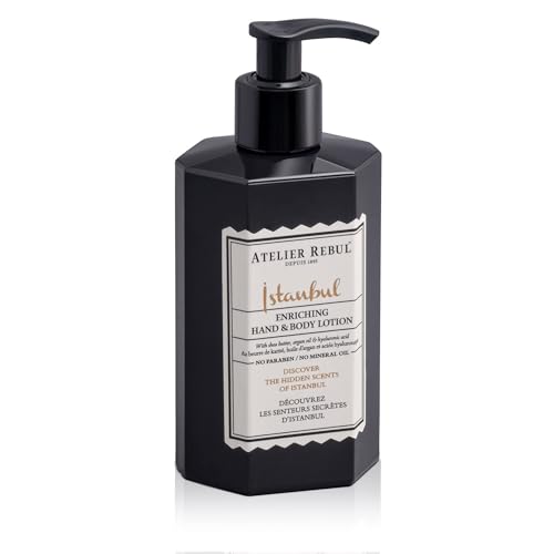 ATELIER REBUL ISTANBUL Loción corporal y de manos 400 ml, aroma amaderado y picante, cuidado corporal natural para mujeres y hombres, loción corporal sin sulfatos, parabenos ni aceites minerales