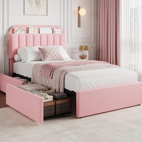 GarveeHome Twin XL Bed Frame with Storage Headboard, Girls Bed Frame with 2 Drawers, Boucle Upholstered Platform Bed with Bookcase, No Box Spring Needed, Easy Assembly, Pink