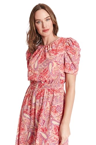 Image of London Times Women's Caterpillar Puff Sleeve Midi Dress - Gathered Waist A-Line Flowy Summer Dress