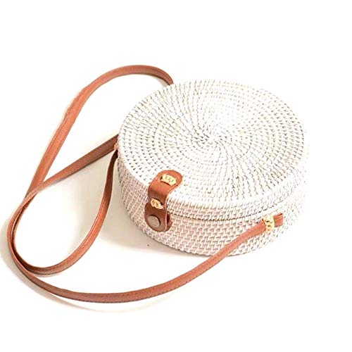 Handwoven Round Rattan Straw Bag for Women Shoulder Leather Button Straps Natural Chic Handmade Boho Bag Bali Purse