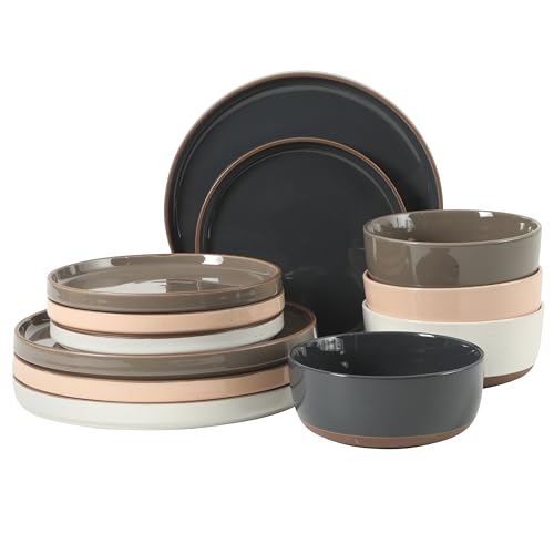 Image of Gibson Elite Northrock Stoneware Dinnerware Set, 12-Piece Service for 4 Plates and Bowls Set - Assorted Colors Blue, White, Pink, Gray Dishes with Hand-Painted Terracotta Base