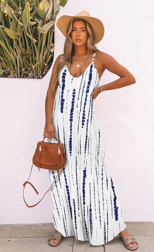 Image of Bluetime Women Summer Spaghetti Strap Maxi Dress V-Neck Sleeveless Flowy Boho Floral Beach Long Dress with Pockets