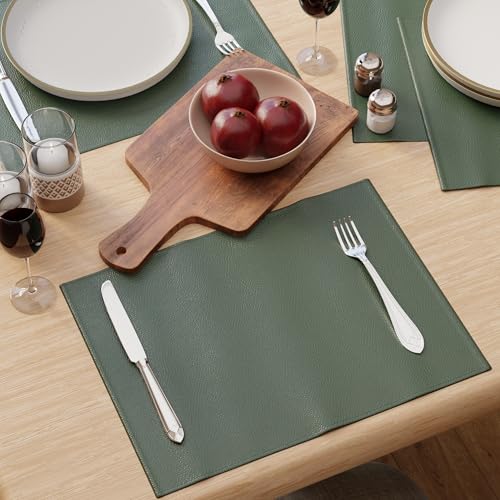 Image of Encasa XO Leather Dining Table Mats Set of 4 | Water Repellent & Heat Resistant Dining Table Mats | Washable & Easy to Clean Placemats for Kitchen Decor - 42x30 cm (Green)