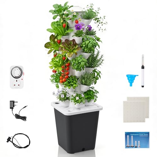 Hydroponic Growing System 6 Layers 30 Pods Hydroponics Tower with Timer Garden Hydroponics Tower Set with 10L Water Tank and Pump Aeroponics Growing Kit for Indoor and Outdoor Use of Plants and Herbs