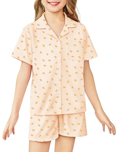 Image of Arshiner Girls Pajamas Sets Short Sleeve Kids Pjs Button Down Sleepwear | Cute Printed Pajamas for Little & Big Girl, Lightweight Comfy Fabric, 2-Piece Outfits, Perfect for Lounge Pajamas Party
