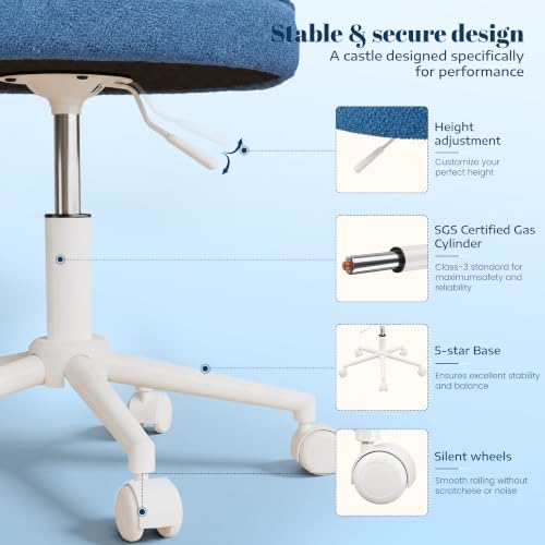 Image of DurayLoly Vanity Chair with Wheels,Soft Teddy Fabric 6 inch Thick Cushion, Height Adjustable 17.5 inch-21.5 inch, Open Back, 360 Swivel for Vanity Table, Home Office Dark Blue