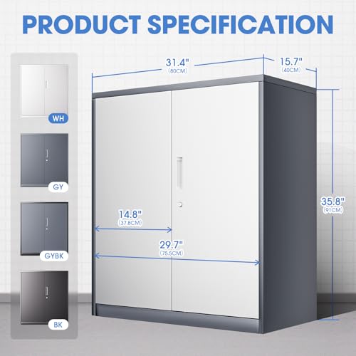 Image of DNA Motoring 36'' Metal Storage Cabinet, Locking Tool Cabinet with 2 Doors and 2 Adjustable Shelves, Heavy Duty Metal Locker for Garage,Office,Home,Gym, Gray White, TOOLS-00631-GY-WH-A
