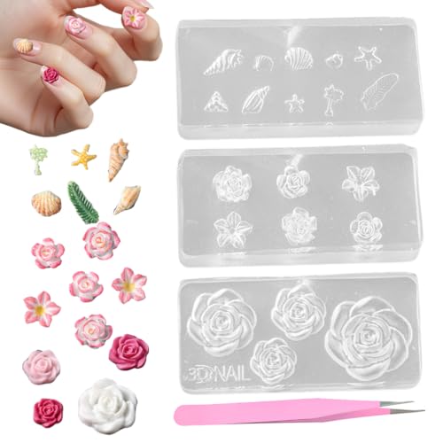 DULZEN 4 Piezas Molde Silicona 3D Flores para Arte de Uñas, Molde de Fundición de Flores Pequeñas, Plantilla de Uñas para Arte de Uñas de Gel,Decoraciones de uñas DIY y decoraciones de resina
