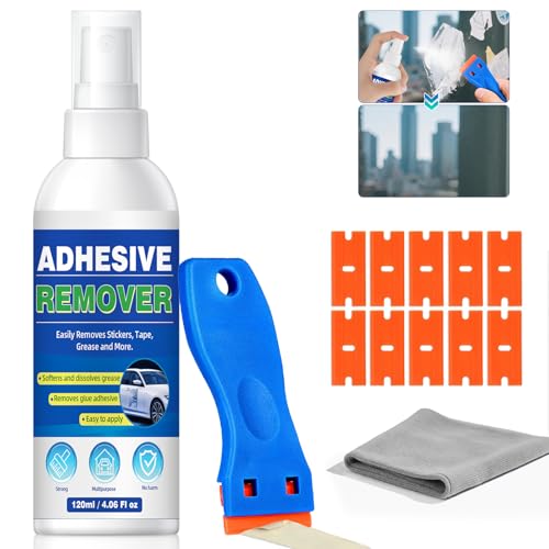 Rimuovi Colla Spray, Potente Rimuovi Colla Adesivi con Raschietto, Pulizia dei Residui Appiccicosi, Rimuovi Silicon per Etichette, Adesivi, Nastro Adesivo da Finestre, Vetri, Auto, Legno, Cera