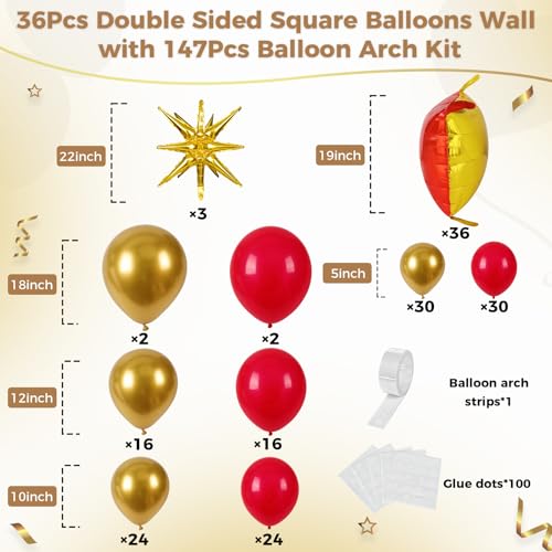 Image of 36pcs Red and Gold Square Foil Balloons Wall Backdrop with 147pcs Balloon Garland Arch Kit, Double Sided Balloons for Valentine's Day Wedding Birthday Engagement Anniversary Party Decorations