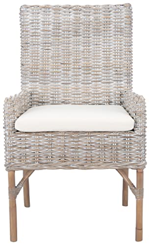 SAFAVIEH Home Collection Nancy Grey Wash Rattan Cushion Accent Chair, White/White