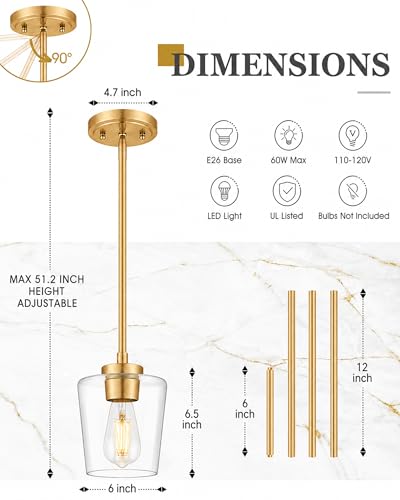 Image of 2-Pack Gold Pendant Lights Kitchen Island, 6 inch Clear Glass Shade | Modern Kitchen Pendant Lighting Over Island for Dining Room, Adjustable Height, E26 Base, Brushed Gold, AD-22004-1P2-GD-C