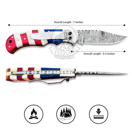 Damascus Steel Pocket Knife with Clip and Leather Sheath - EDC Knife for Outdoor and Camping Activities, Handmade Folding Knife, Free knife Sharpner (American Flag handle) (American Flag Handle)