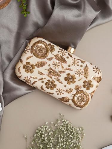 Image of THE TAN CLAN Aabish Beige Hand Embroidered Clutches for women Purses Luxury Evening Handbags for ladies