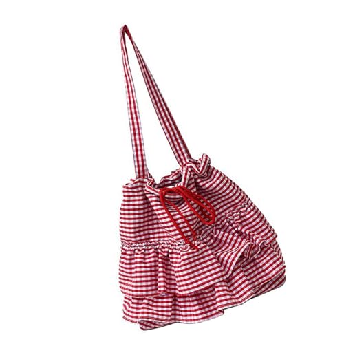 Women's Plaids Print Canvas Bag With Ruffle Trim Casual Shoulder Bag Spacious Interior Underarm Bags For Everyday Use