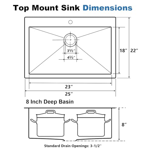 Image of SHACO 25x22 Inch Black Drop In Kitchen Sink, 25 Inch Gunmetal Black 8 Inch Deep RV Laundry Utility Sink, Top Mount 16 Gauge Stainless Steel Single Bowl Deep Small Kitchen Sink