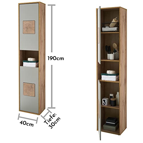 GREECE Hoge badkamerkast in basalt, Wotan eikenlook met hersenhouten applicaties, badkamerkast met veel opbergruimte, 40 x 190 x 30 cm (b x h x d) - Afbeelding 4