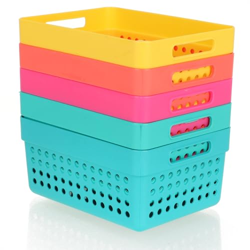com-four® 5x Aufbewahrungskorb - Deko-Körbe mit Seitengriffen - Kunststoffboxen für Kosmetik, Spielzeug und Haushaltsprodukte - stapelbare Organizer für Schubladen in 5 Farben (bunt - 5 Stück)