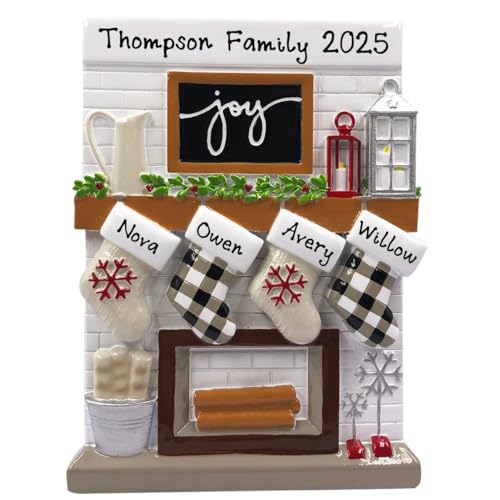 Fireplace Mantle Family of 4 Personalized Christmas Ornament 2025 - Stockings Family Christmas Morning Decorative Personalized Joy New Year Ornament (Family of 4)