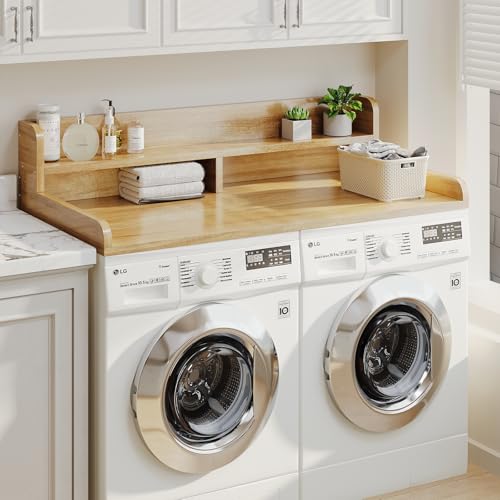 Image of 2-Tier Washer Dryer Countertop with 2.75 inch H Edge Rails, 54 inch W x 27.55 inch D Laundry Countertop for Folding Clothes, Washer and Dryer Topper with Non-Slip Pad (Pure Wood Color)
