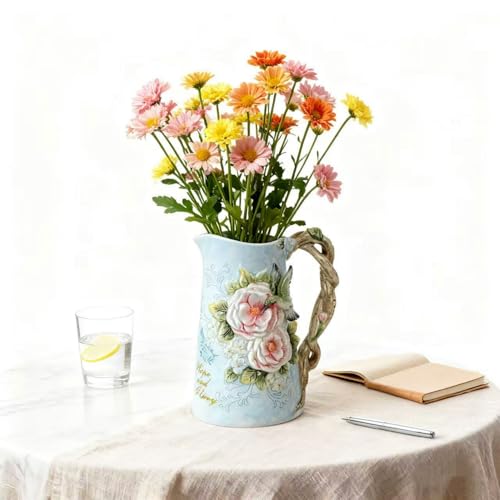 Minigift Jarra de cerâmica com alça, beija-flor pintada à mão em 3D e vaso de decoração de casa com flor de rosa - 24 cm A