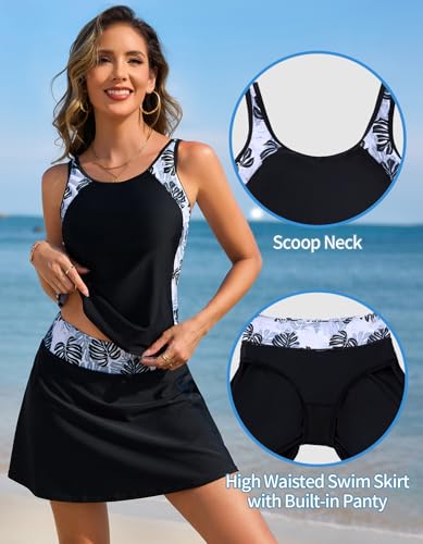 Two Piece Tankini Swimsuits for Women Printed Block Tankini Top with Swim Skirt Tummy Control Bathing Suit2