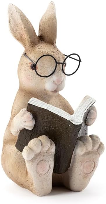 Napco Imports Decorative Home or Garden 5.5 x 8 Inch Indoor or Outdoor Tabletop Sculpture Figurine Brown Reading Rabbit