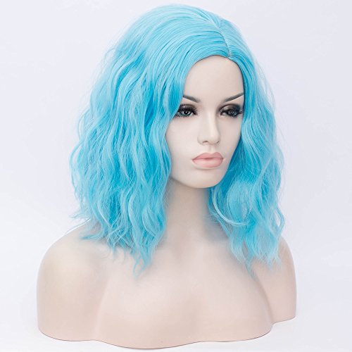 Image of BERON Blue Wigs for Women Short Curly Side Part Wig Girls Shoulder Length Body Wavy Hair Wig Sky Blue Heat Resistant Synthetic Halloween Cosplay Daily Party Wigs