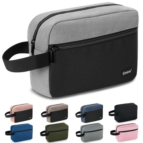 Elviros Travel Borsa da toilette da viaggio da uomo, borsa da toilette portatile impermeabile con scomparto per la rasatura e maniglia, organizer per cosmetici da palestra, doccia e bagno, Nero&Grigio