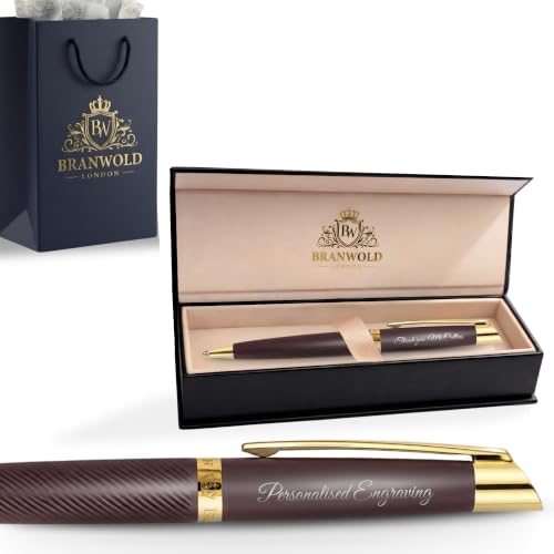 BRANWOLD London Luxury Personalised Pen Set Custom Engraved Burgundy Ballpoint Pen with Gold Trim Premium Corporate Gifts with Presentation Box & Matching Gift Bag Gifts for Men & Women