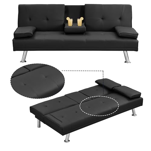 Futon Sofa Bed Modern Folding Couch for Small Space, Faux Leather Convertible Loveseat Sleeper Bed Daybed Recliner Lounge Sofas for Living Room,2 Cup Holders,Metal Legs,Removable Armrests (Black)