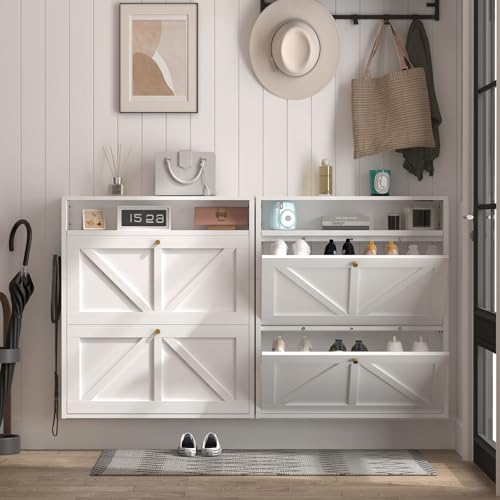 Image of Shoe Cabinet, 2 Flip Shoe Rack for Wall Mounted, Ultra Slim Shoe Organizer for Entryway, Front Door Shoe Storage, Anti-Tip, White
