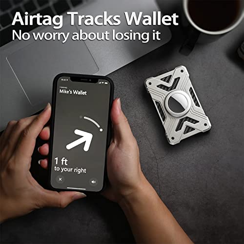 AirTag Wallet (No Airtag) with Metal Money Clip, Minimalist Wallet for Men with AirTag Holder, Carbon Fiber Money Clip, Slim Wallet for Men, RFID Blocking, Ultra-Thin Tactical Wallet Gift-Silver2