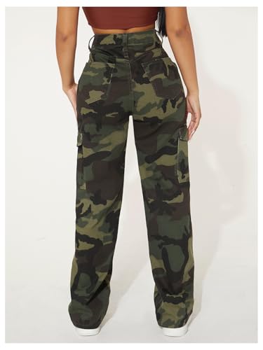 WDIRARA Women's Petite Camo Print Jeans High Waisted Flap Pocket Straight Leg Denim Pants Streetwear3