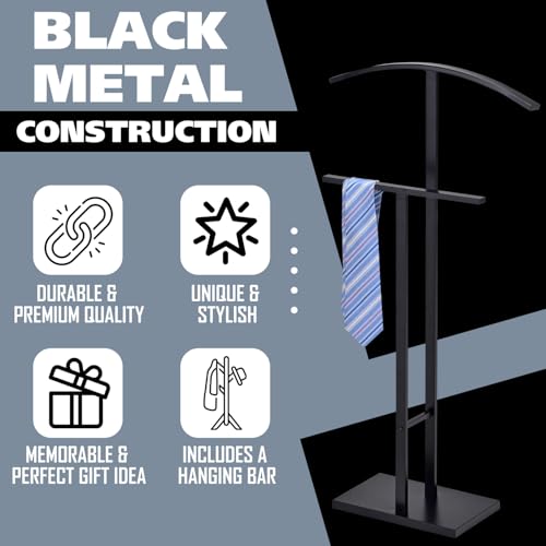 Image of Kings Brand Furniture Dossi Modern Metal Suit Valet Stand, Clothes Rack Organizer with Jacket, Pants & Tie Holder, Space-Saving Garment Rack for Bedroom or Closet (Black)