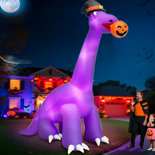 14 Ft Ht x 16 Ft L Giant Halloween Dinosaur Inflatable Blow Up Yard Decorations Large Dinosaur Bite Pumpkin with Witch Hat Build-in LED Huge Halloween Decorations Outdoor Lawn Party Garden Decor
