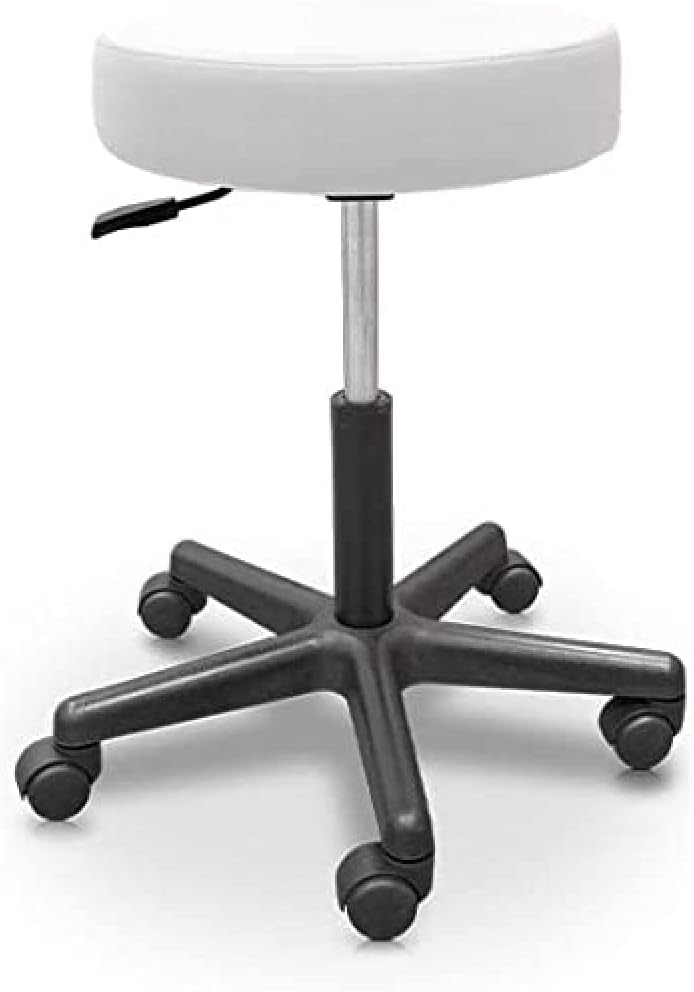 High Stool, Upholstered Leatherette, White, Gas Lift, with 5 Wheels, Swivel, High Density Padding, Up to 135 kg