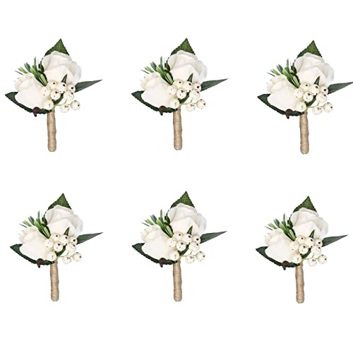 HLTER Juego de 6 ramilletes de boda de color marfil y rosas, flores artificiales con ramillete de bayas, decoraciones para bodas y fiestas de ceremonia Cover