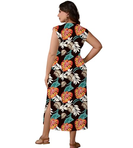 Image of UOUA Women Summer Maxi Dresses Plus Size Casual Hawaiian Sundress Sleeveless Loose Split Beach Dress with Pockets
