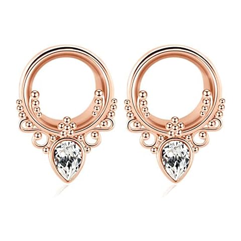 Grewod Ecarteurs Acier 6MM Ecarteur Oreilles Acier Inoxydable Plug Tunnel Femme avec Fleur et Zirconium Or Rose Piercing Bijoux Cover