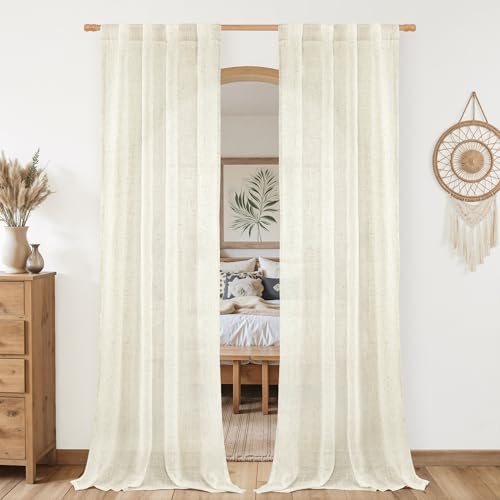 LAMIT Natural Linen Boho Curtains 80 inch Length 2 Panels, Cream Ivory Light Filtering Semi Sheer Panels Back Tab and Rod Pocket Neutral Drapes for Bedroom/Living Room, 34 x 80 Inch